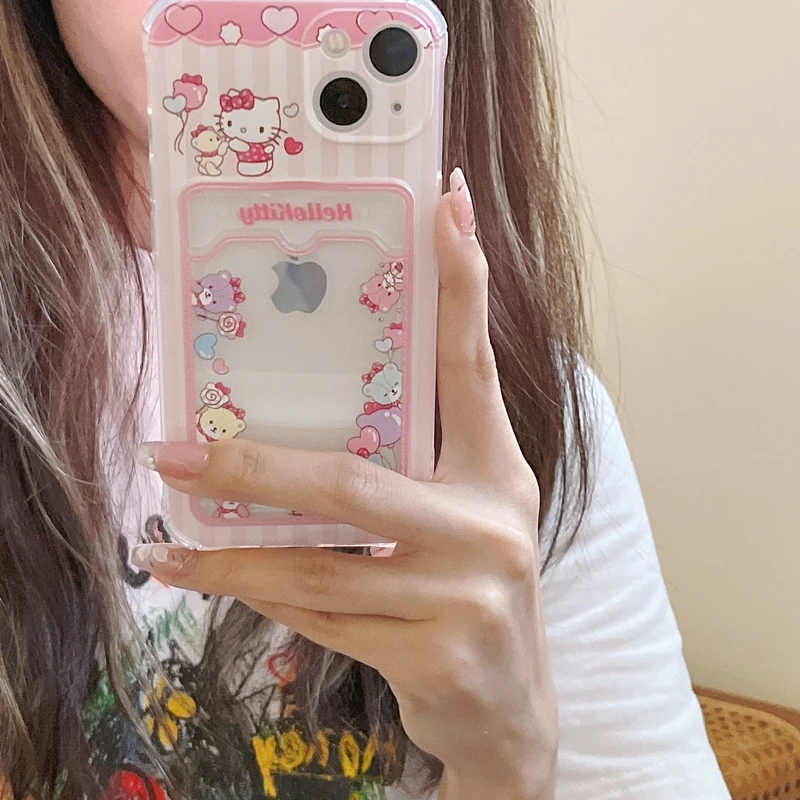 Cute Cartoon Sanrio Hello Kitty Transparent Phone Case For iPhone 15 Pro 14 13 12 11 Pro Max Soft Tpu Wallet Cover Card Holder