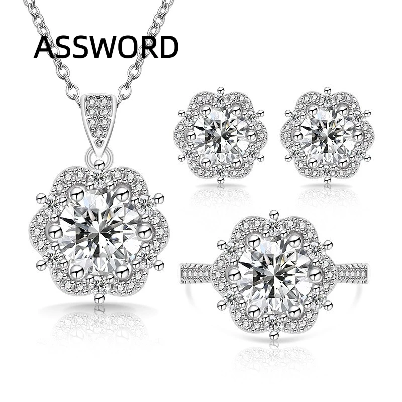 925 Sterling Silber Blumenform CZ Schmuckset Damen Anhänger Halskette Ohrstecker Verstellbarer Ring Brautschmuck Hochzeitsgeschenk – Detail 6