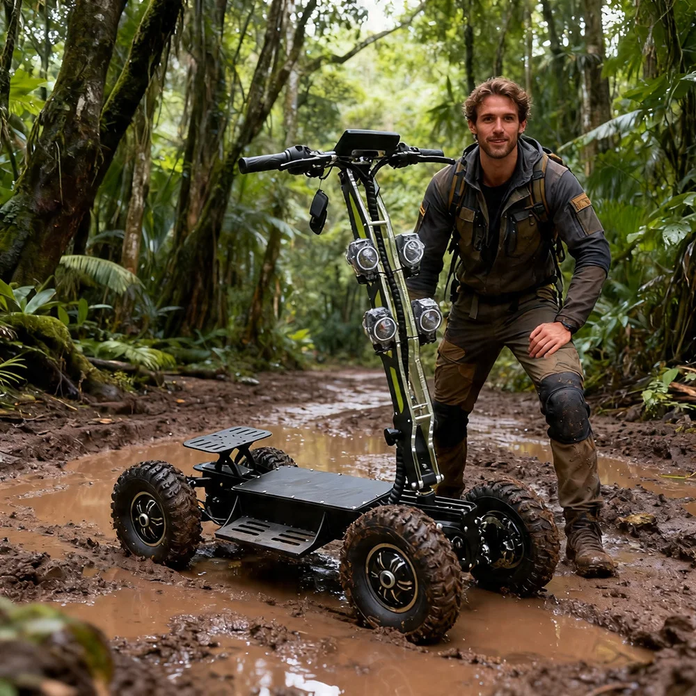 13 Inch Tilt Frame Foldable 4 Wheels All Terrain Electric Scooter Standing Lean Control For Outdoor Golf Activity