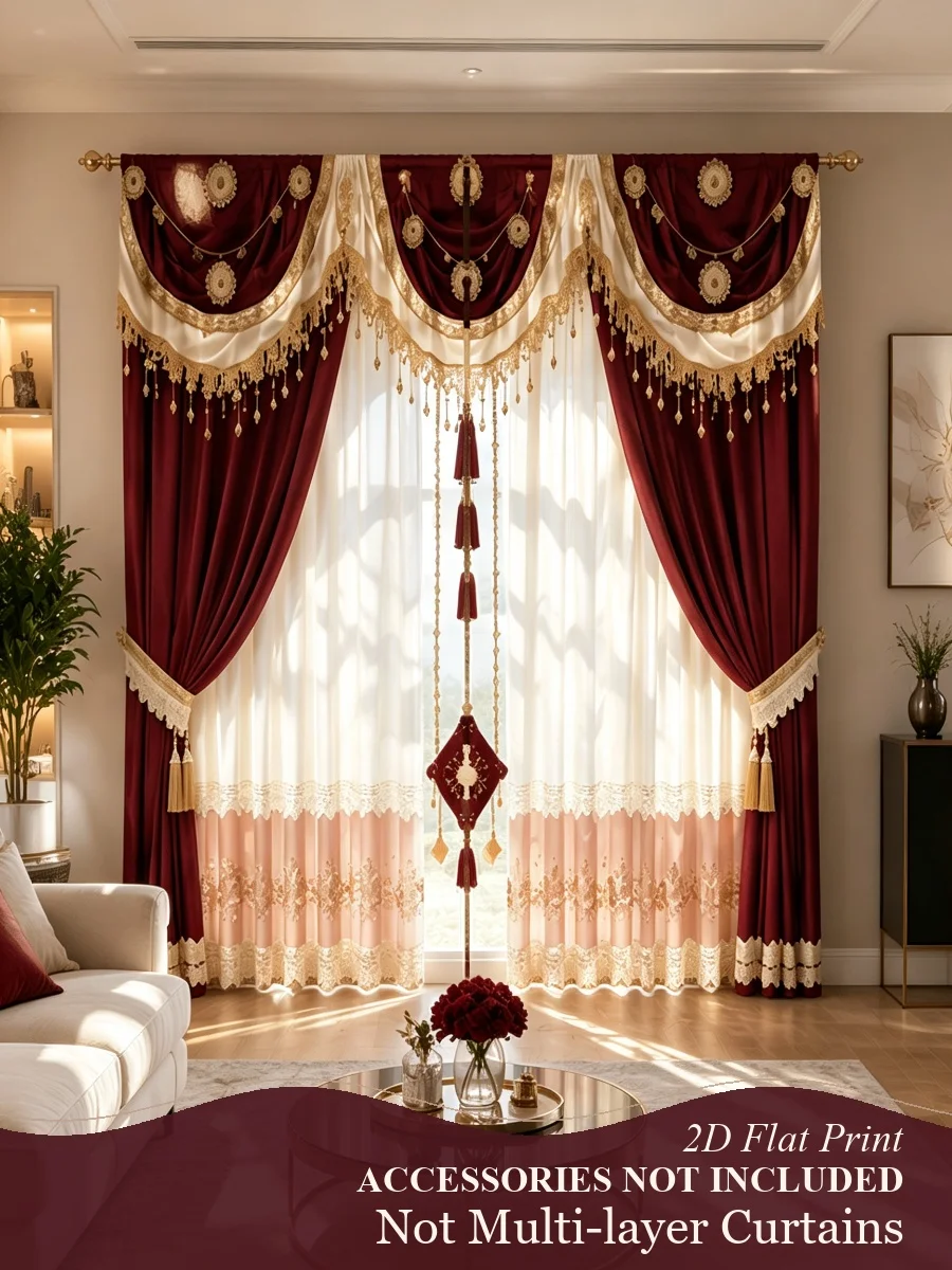 2PCS Luxury Burgundy Valance Print Curtains, 2D Flat Printed Elegant Damask Pattern Window Drapes for Bedroom Living Room Decor