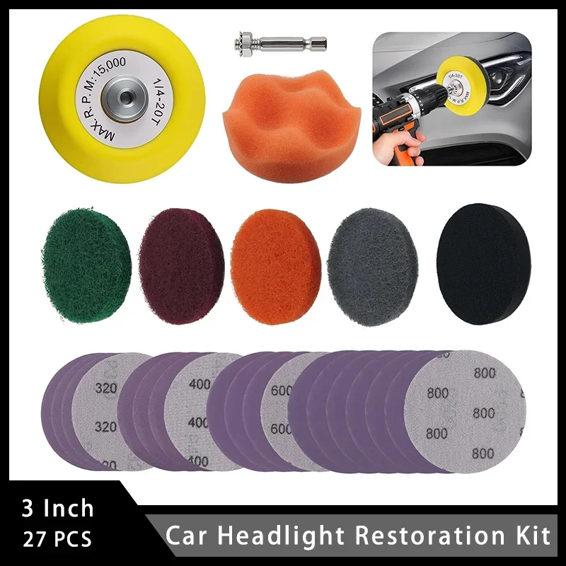 3 Inch Car Headlight Restoration Kit 27 Pcs with Polishing Sponge Sanding Plate Sandpapers Drill Attachment for Headlights