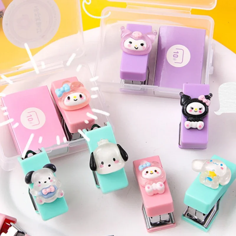 Sanrio Anime Cartoon Character My Melody Kuromi Stapler Set Kawaii Cinnamoroll Office Supplies Student Stationery Toy Gift