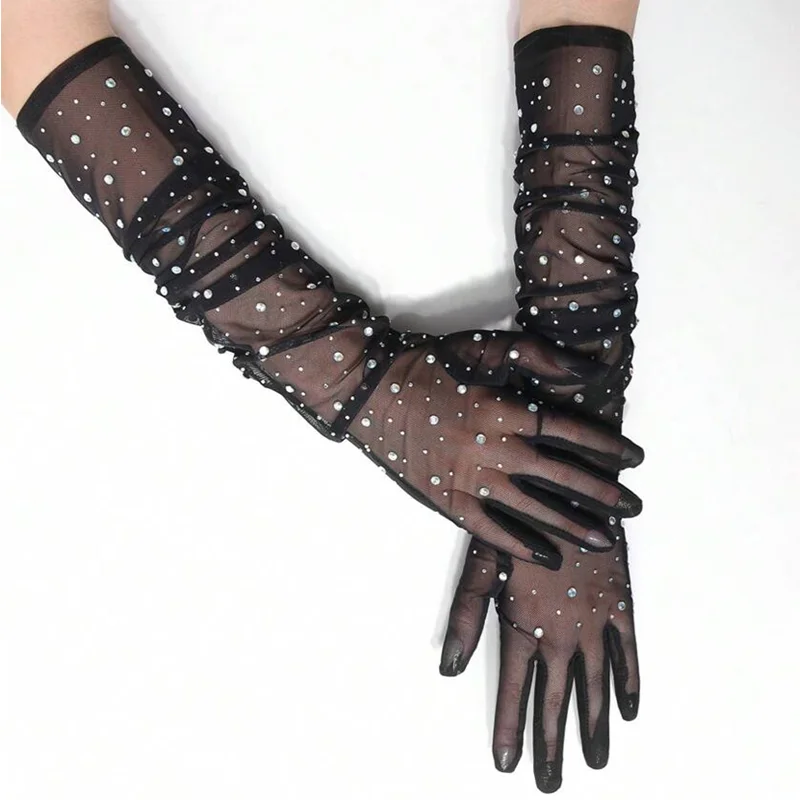 Lack Mesh Elasticity Rhinestone Gloves Glitter Long Decoration Gloves Etiquette Party Festival Wedding Gloves