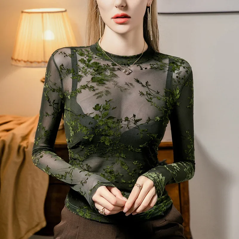 Camisa de malha verde t feminina manga longa sexy fina ver através t camisa em torno do pescoço magro curto tshirt feminino dobras perspectiva