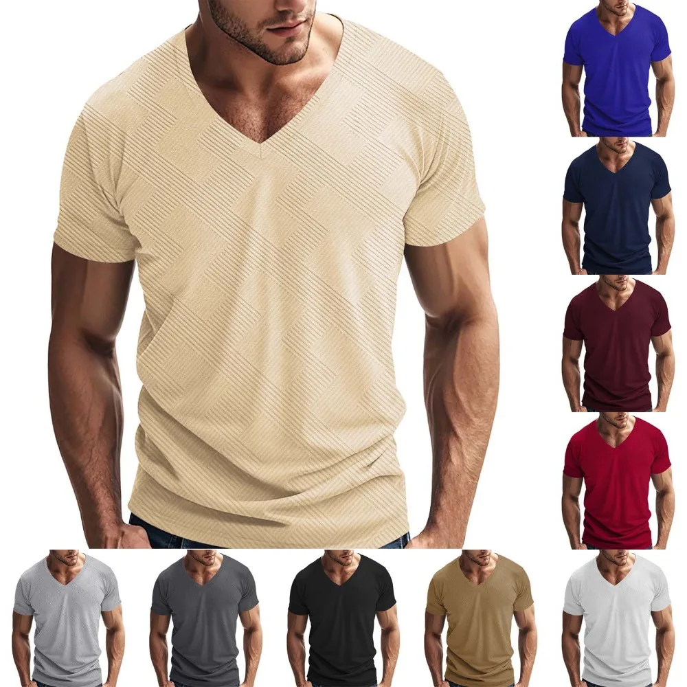 2025 Summer New V-neck T-shirt Men 100% Combed Cotton Solid Short Sleeve T Shirt Men Fitness Undershirt Male Tops Tees