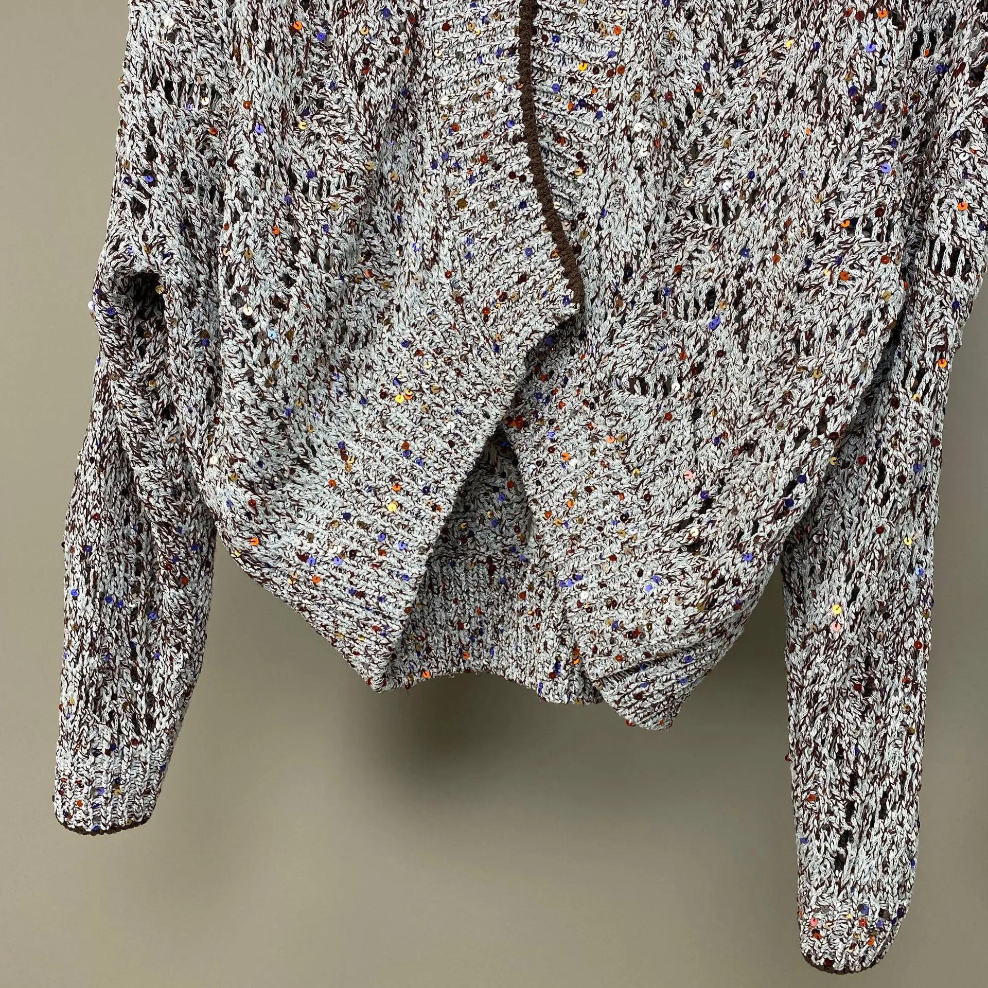 Women's Spring Summer New Sequin Hollowed Out Linen Long Sleeved Knitted Cardigan