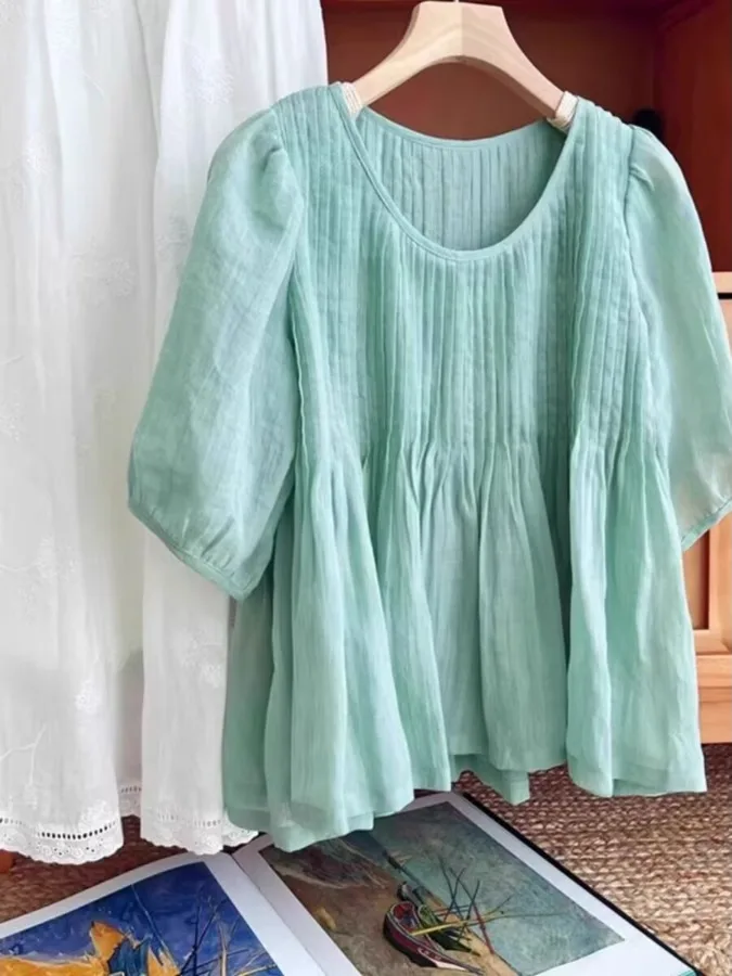 

Тяжелая плиссированная футболка Crt из хлопка и льна большого размера, женская однотонная футболка пяти четвертей Све круглая Ne Cas...