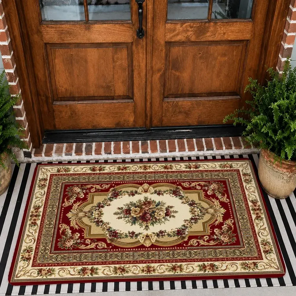 Elegant Vintage Floral Medallions Floor Mat Flannel Rug Non Slip Absorbent Soft Washable For Entryway Bathroom Kitchen Decor