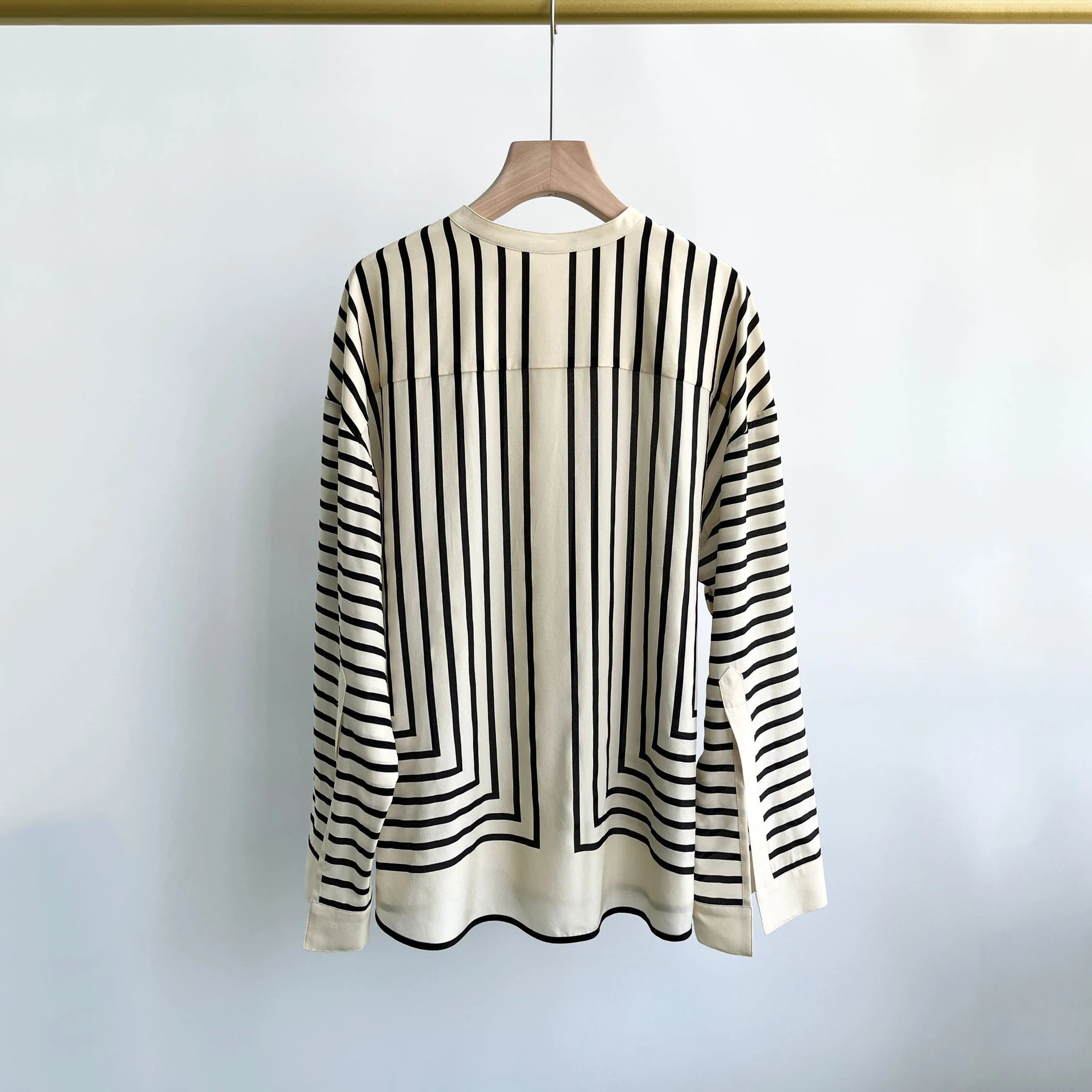 100% mulberry silk positioning print round neck long sleeve fashion woman blouse 2023 geometric stripes loose shirts & blouses