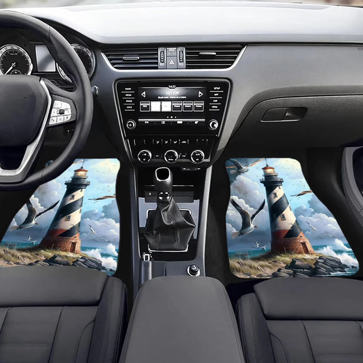 4pcs Seaside Lighthouse Pattern Print Car Floor Mats Set- Front& Rear Full Coverage Auto Interior Accessories, Crystal Velvet Ve