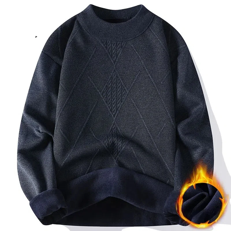 Sweater Knitted Screw Thread Men's Clothing Autumn Winter Solid Color Flocking Pullover Lantern Long Sleeve Casual Fashion Tops