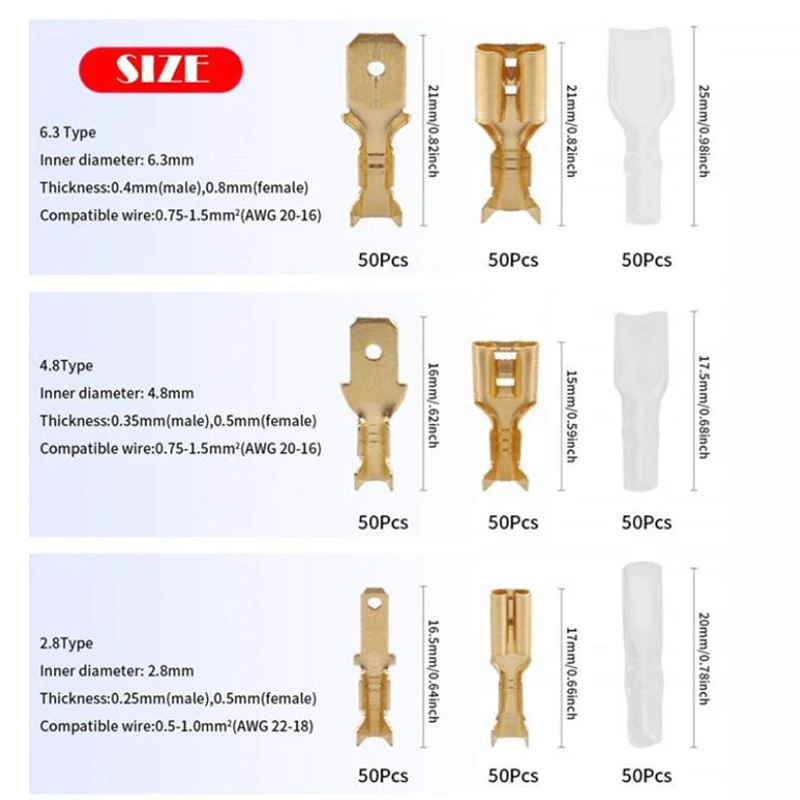 450PCS Assortment Crimp Terminal Connector 2.8/4.8/6.3mm Gold Brass Car Speaker Electric Wire Connectors Set 22-16 AWG