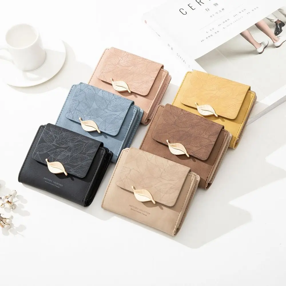 Pure Color Trifold Wallet Zipper Square Leaf Print Short Wallet Multiple Card Slot Waterproof Folding Coin Purse Shopping