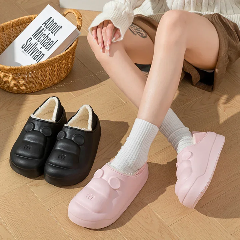 

Cute Candy Color Bear Womens Warm Slippers Winter Plush Warm House Waterproof Slippers Women Thick Bottom Slip On Cotton Slides