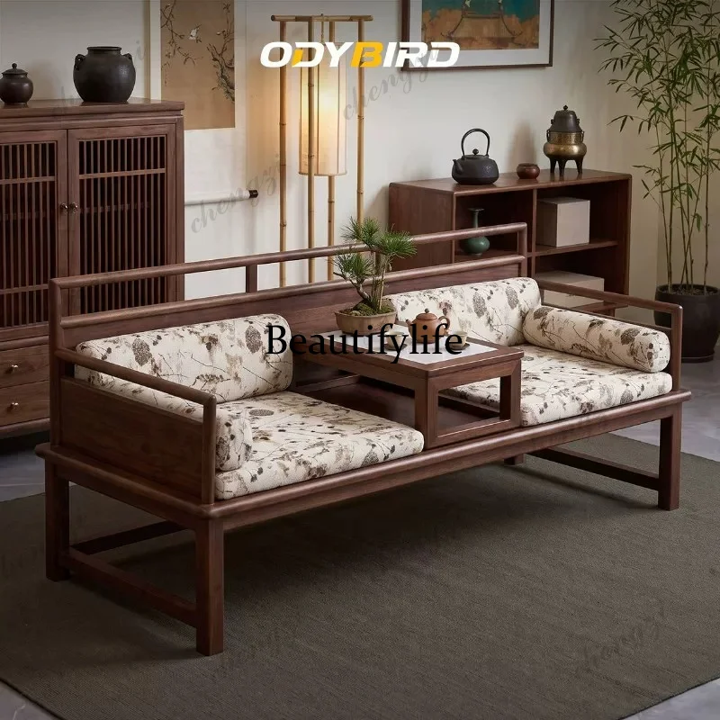 Song-style aesthetics, solid wood arhat bed, new Chinese elm living room sofa bed, tea room Zen-style long lounge chair