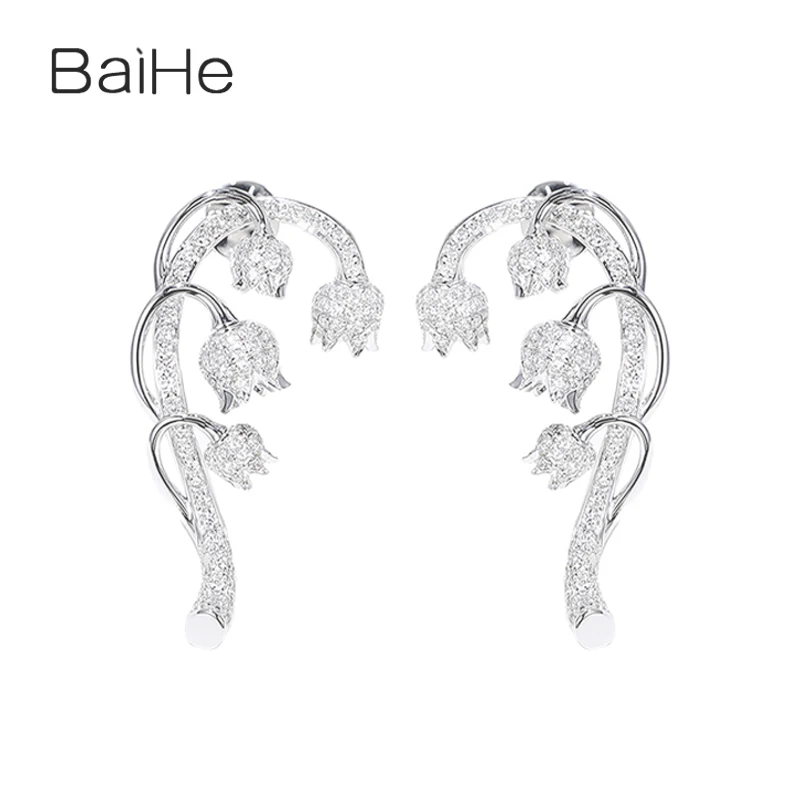 

BAIHE Solid 14K White Gold 1ct H/SI Natural Diamond Bell Orchid Flower Stud Earrings Women Fine Jewelry Aretes flores أقراط