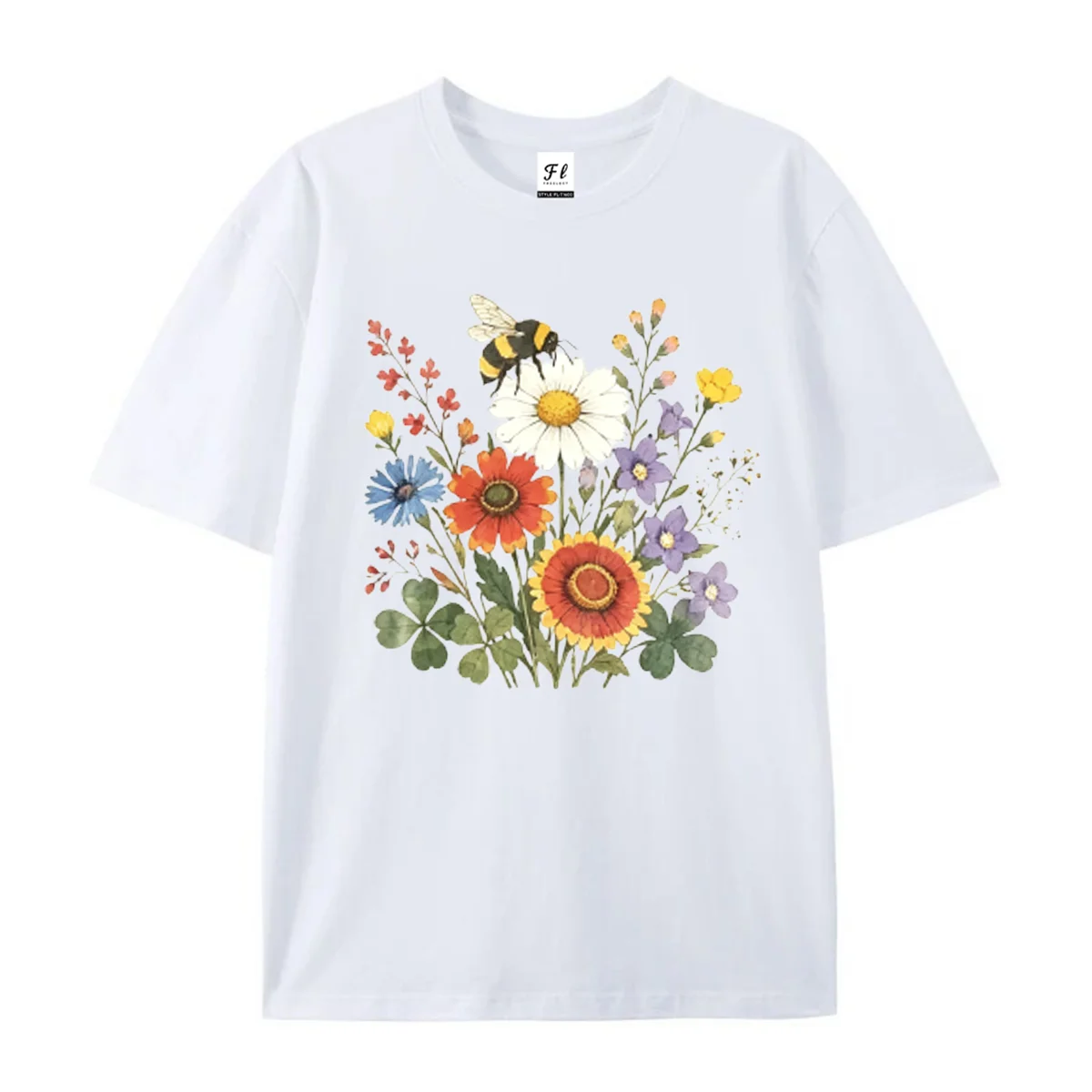 Women Oversized Round Neck T Shirt Vintage Wildflower Bee Floral Graphic Short Sleeve Casual Summer Botanical Loose Tee Tops