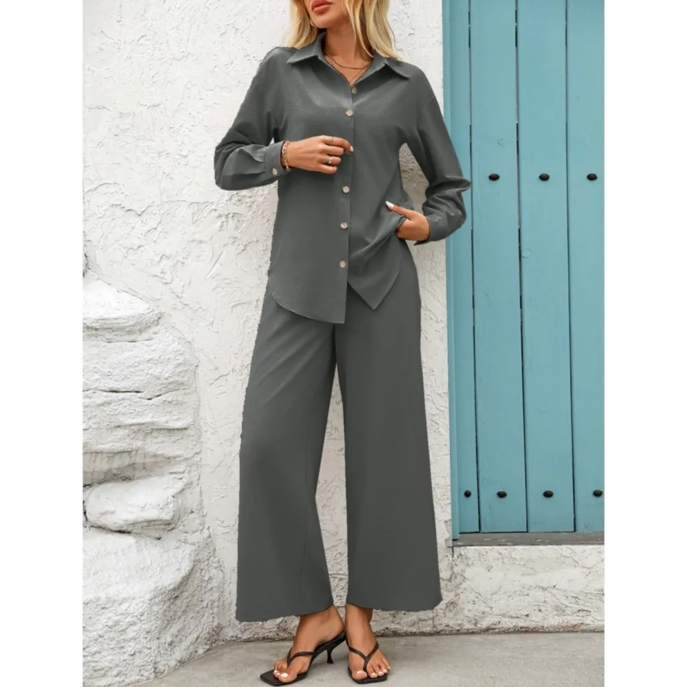 Casual Revers Hemd Lange Ärmel frauen Zwei-stück Set Frühling Sommer Neue Mode Elastische Taille Spitze-up Lange hosen Weibliche Set 2025