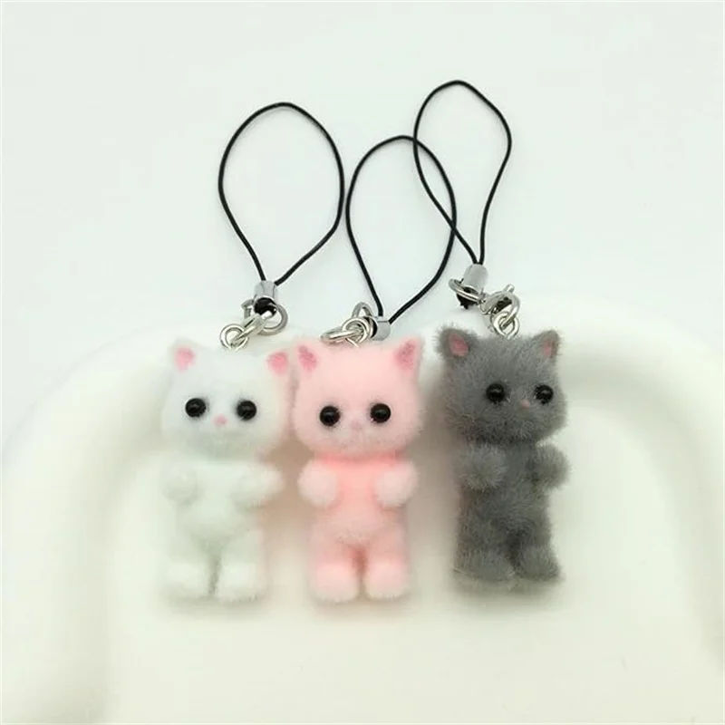 1 Pcs Flocking Fabric 3D Lovely White Black Cat Mobile Phone Charms Cute Animal Cellphone Keychain Lanyard Strap