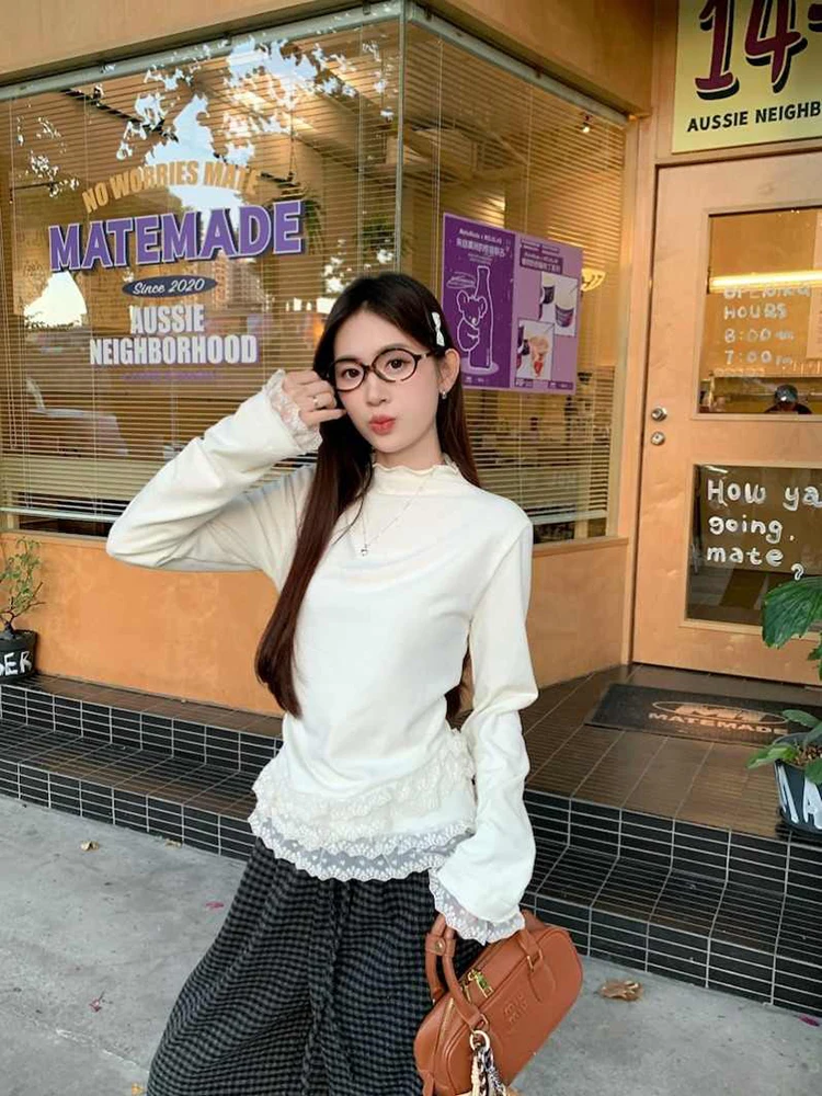 Ladies' Beige Top Korean Semi High Collar Lace Patchwork T-shirt Autumn Winter Women Warm Thickened Solid Drawstring Undershirts