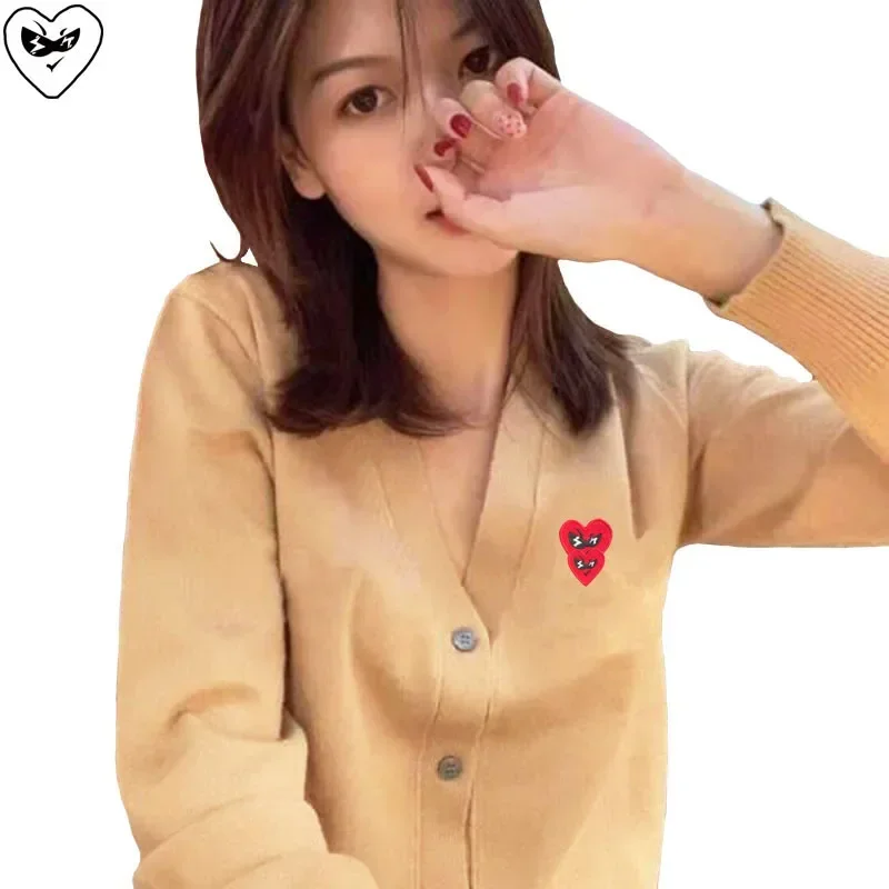 Break Egg Women Cardigan Cotton Cute Glasses Double Stacked Heart Embroidery V-Neck Single Breasted Long Sleeves Fit Sweater