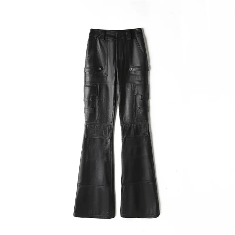 2023 Women Spring Genuine Sheepskin Leather Pants Slim Boot Motorcycle Cargo Pants E26