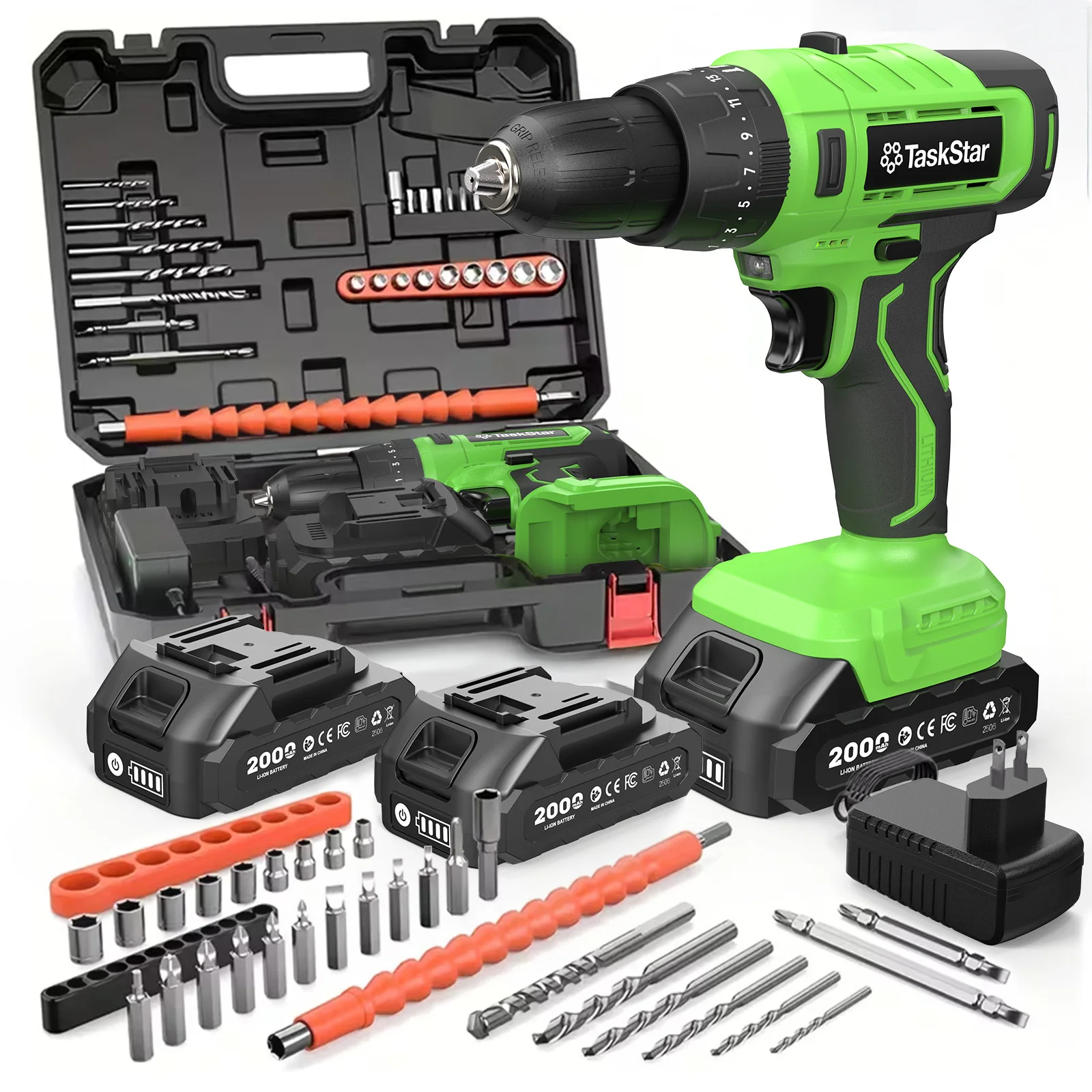 

Taskstar 3/8"Cordless Impact Drill Set Electric Power Drill Screwdriver Set 2*2.0Ah Batteries & Charger LED Light Power Tool Kit