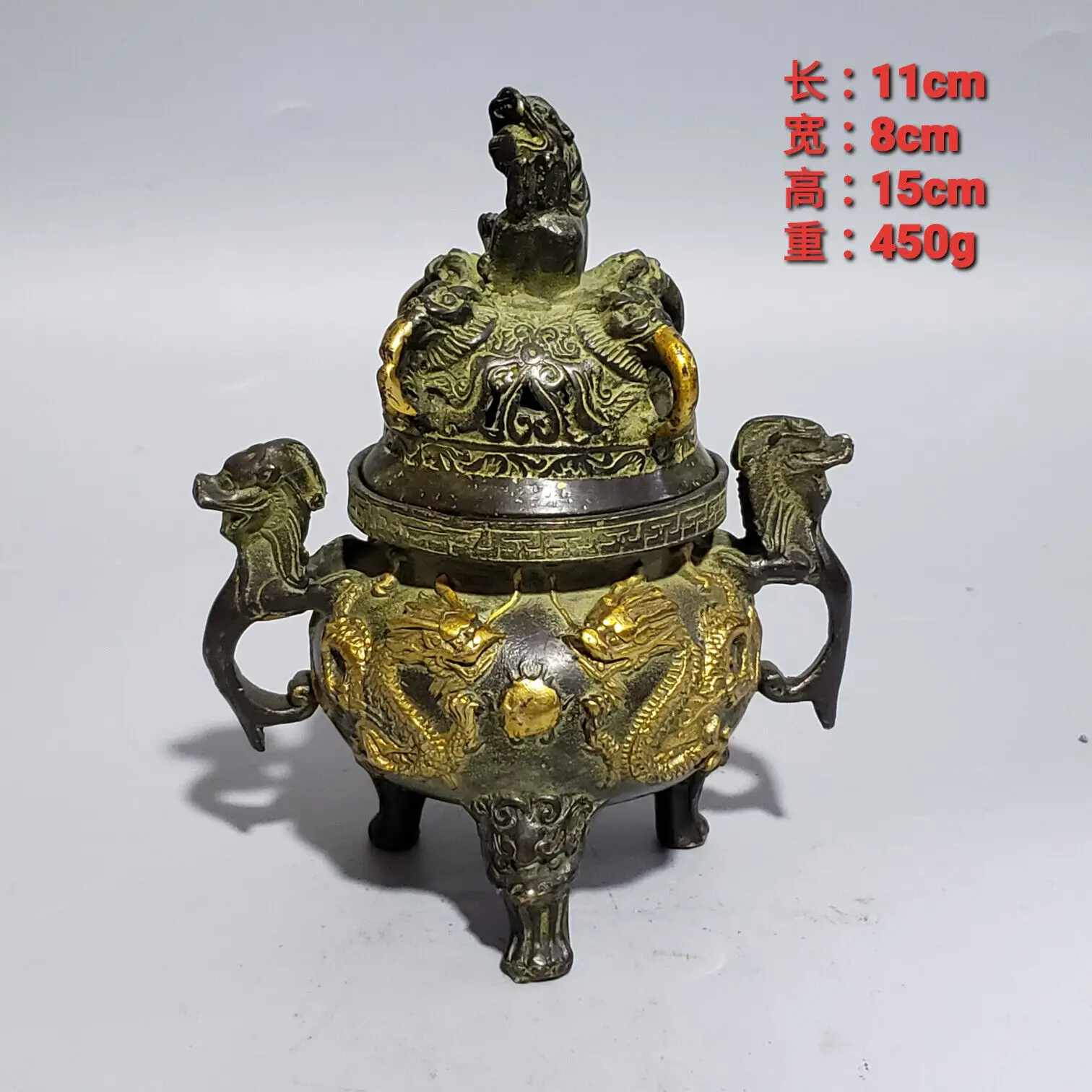 China Old Hand-Made Copper gilt Dragon Statues & Lion Lid Incense Burner Censer