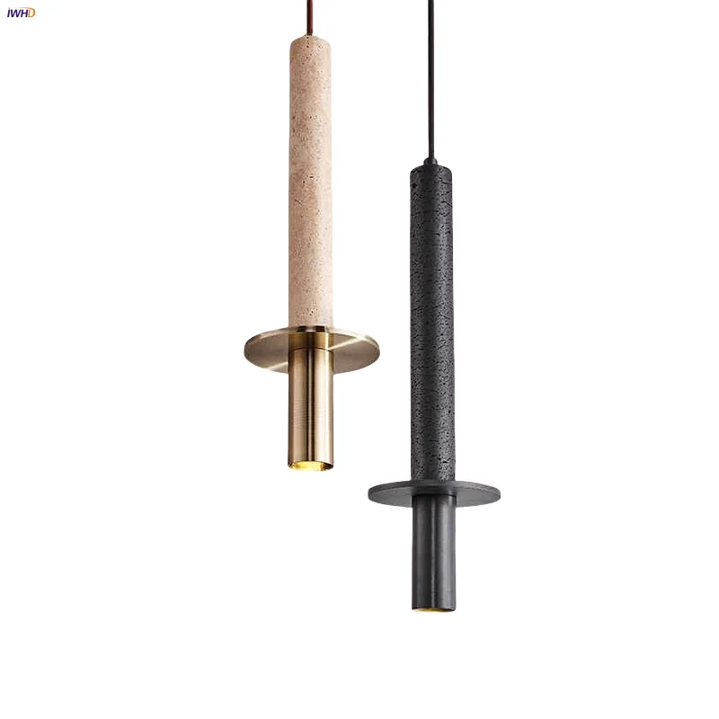

IWHD Black Iron LED Pendant Lights Bedside Hallway Home Decor Yellow Travertine Stone Wabi Sabi Hanging Lamp Lustres De Plafond