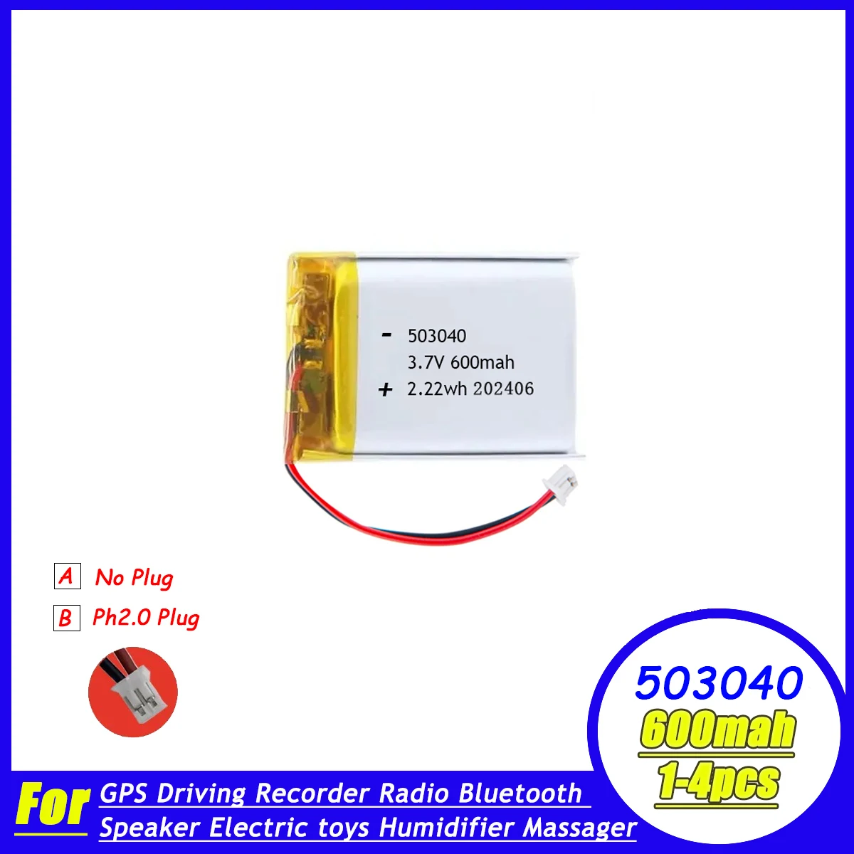 503040 Polymer Lithium Battery 500mAh 3.7V Rechargeable Lipo Battery Gps For LED Light Driving Recorder Bluetooth Speaker MP3/4