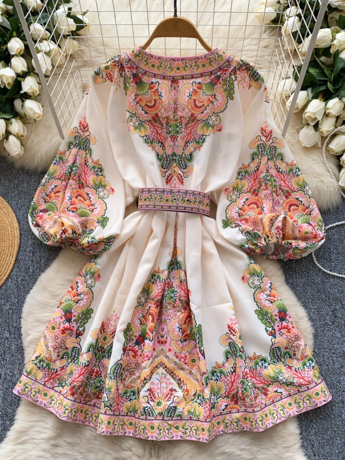 Court Sle Damen Dr Vintage V-ne Single Button Taille Cinch Lantern Sve Print Ort A-Linie Rock Koreanische Version
