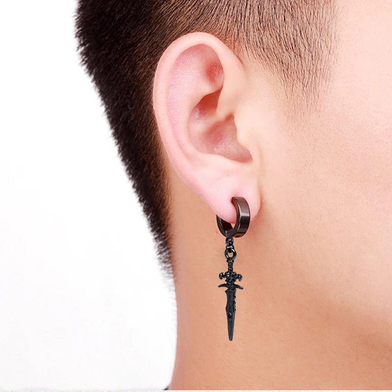 2pcs Stainless Steel Dragon Coil Sword Pendant Drop Hoop Earrings Unique Punk Hip Hop Style for Men Women Daily Wear Jewelry