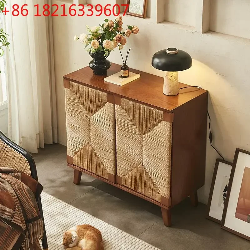 YAOSolid Wood Rattan Dining Side Cabinet Japanese Simple Storage Cabinet Living Room Porch Rack Household Tea Cabinet
