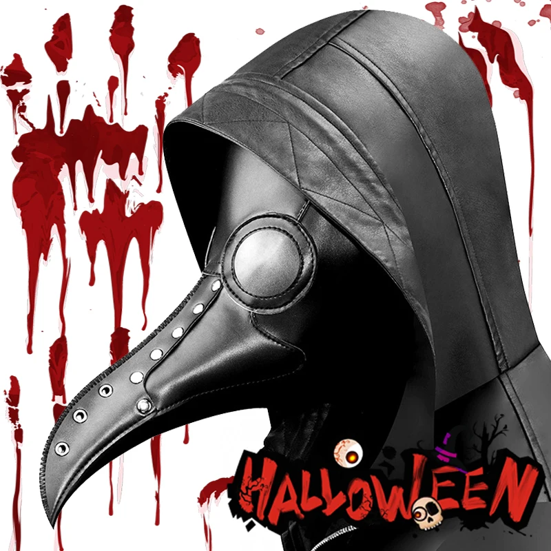 

Halloween Medieval Steampunk Black Suit Plague Doctor Cosplay Costume Game Darkest Dungeon Adult Leather Long Nose Bird Mask