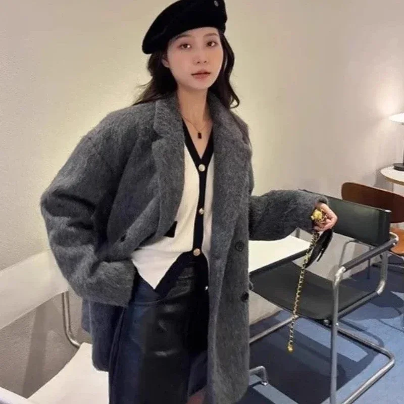 Double Breasted Mixtures Jacket Woman Plain Casual Elegant Hot Single Cotton Wool Blend Coat for Women Korean Style Clothing