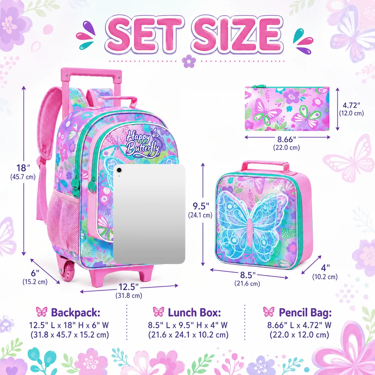 3pcs Kids Rolling Backpack Set, Butterfly Trolley School Bag with Handbag & Pen Pouch for Girls