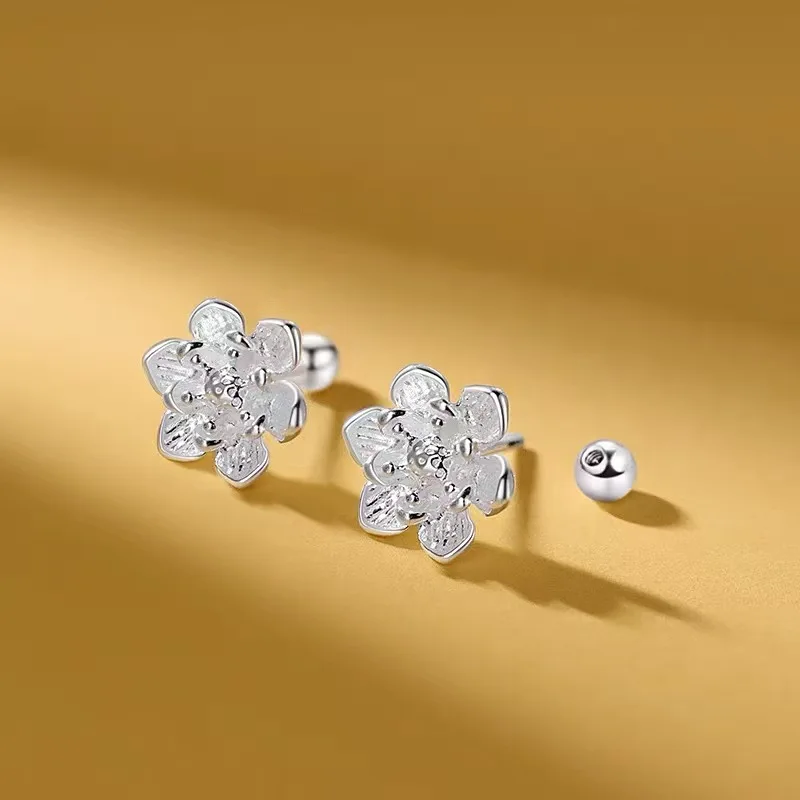 Real 925 Sterling Silver Lotus Flower Bead Screw Stud Earrings For Women Cute Plant Fine Jewelry Light Luxury Accessories