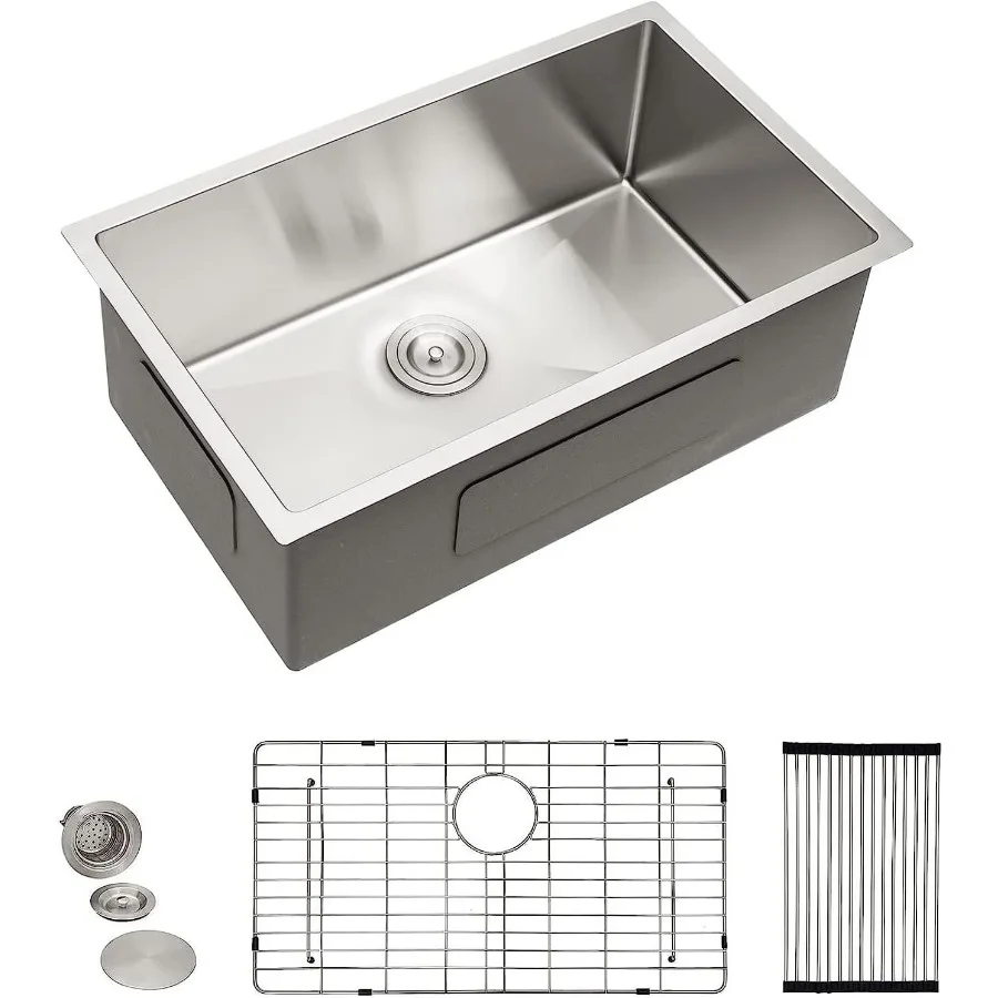 

28 Undermount Kitchen Sink for Modern Kitchens - Fulorni 28x18 Under Counter Single Bowl Basin with 16 Gauge T304 Stainless Ste
