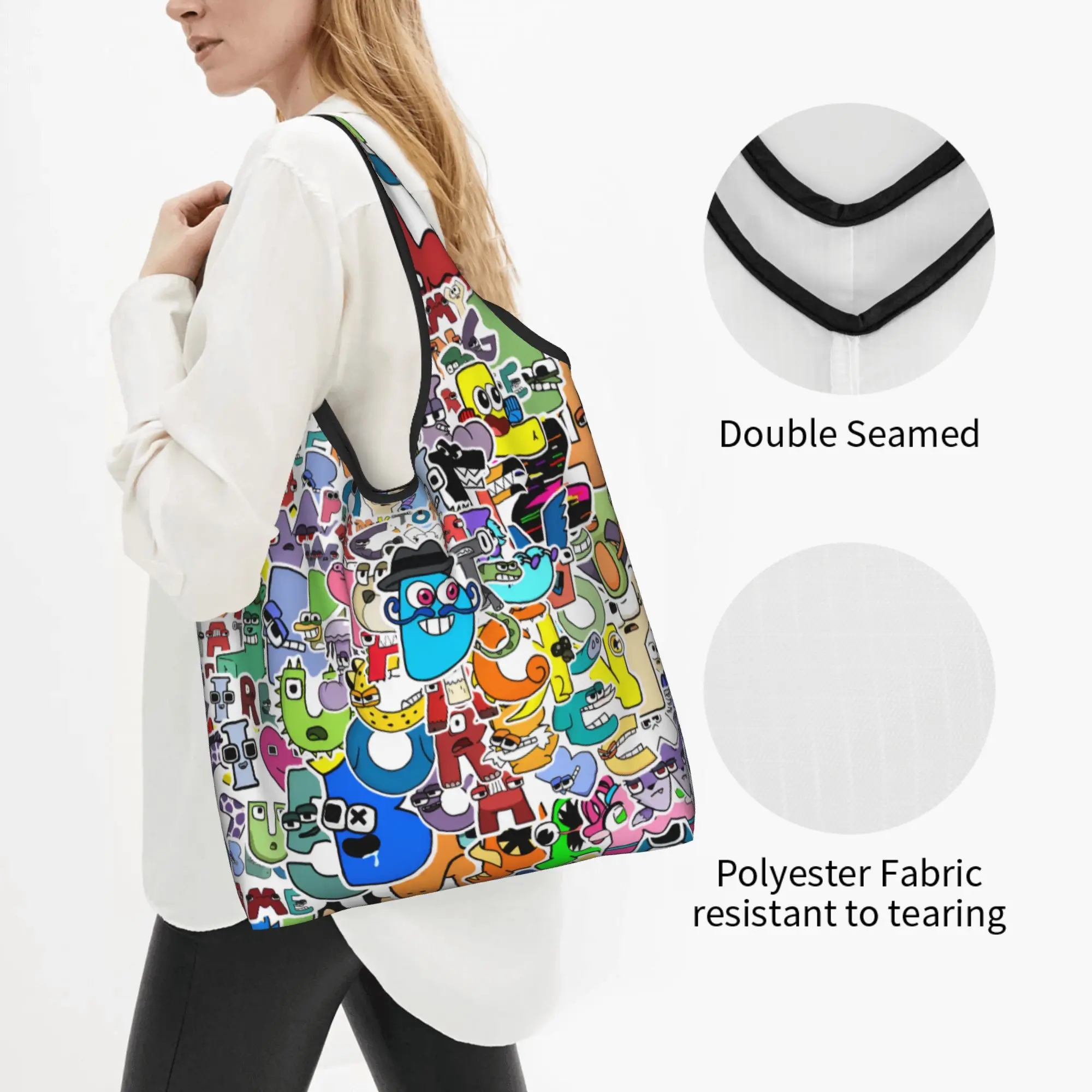 A-Alphabetes Hot Cartoon Grocery Shopping Bags Fashion Shopper Shoulder Tote Bags Large Capacity Portable Classic Handbag