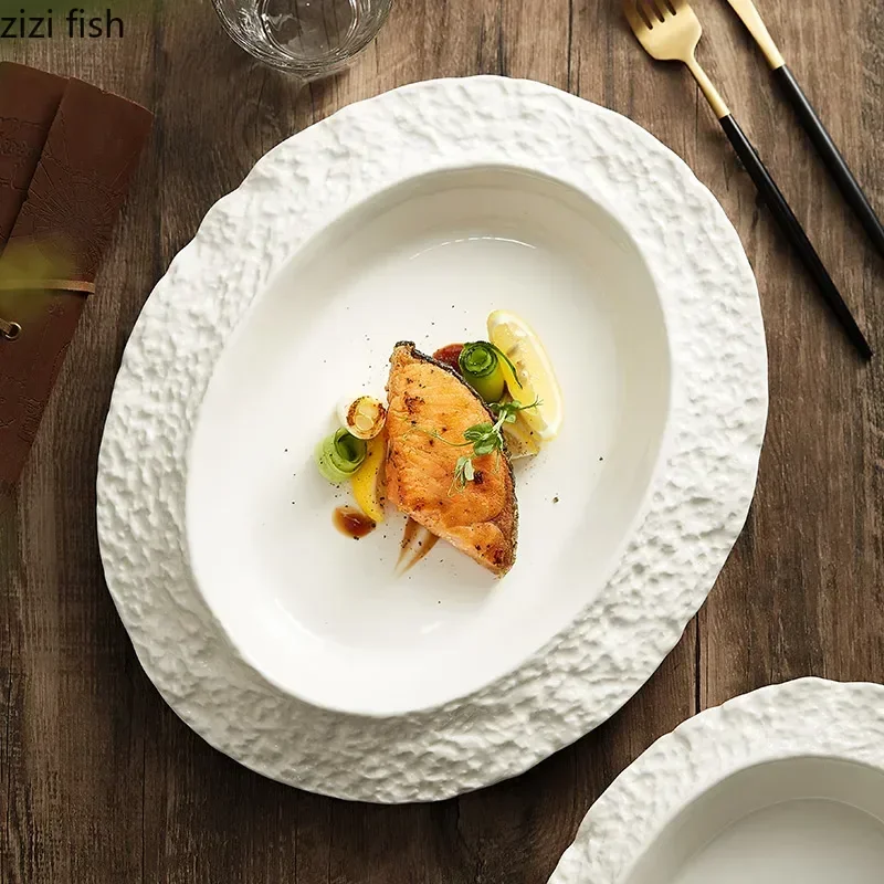 Ovaal diep bord met steenpatroon Keramisch servies Saladebord Soepbord Dessert Snackborden Pastaborden Speciaal servies