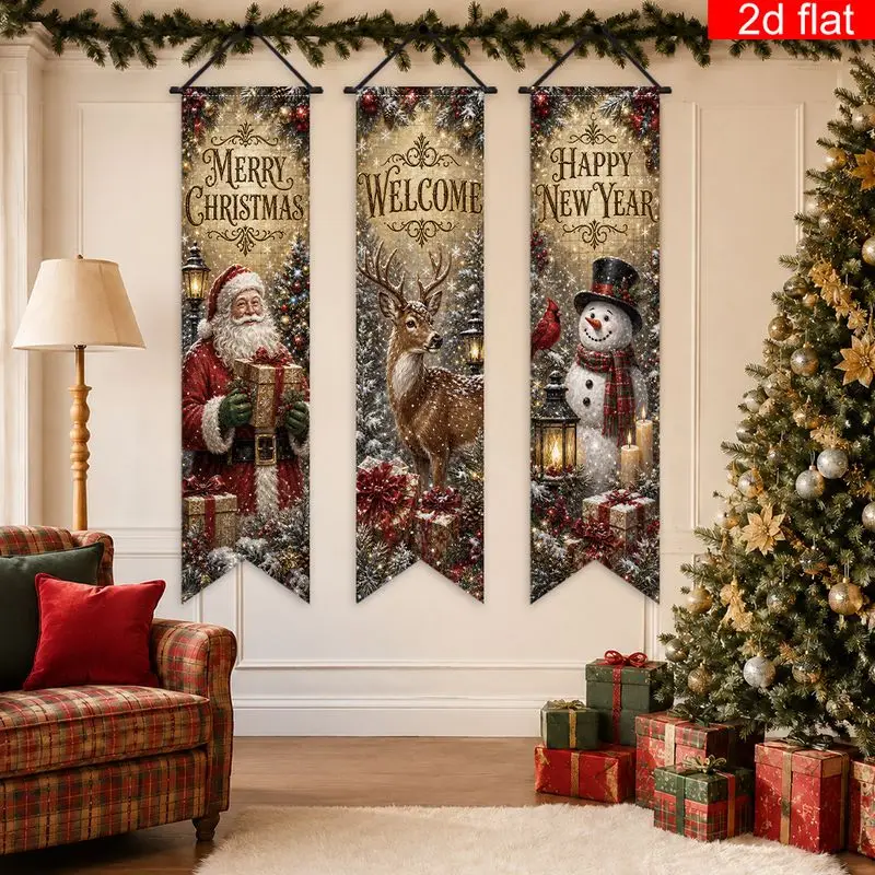 VIKAMA Merry Christmas Banner Santa Reindeer Snowman Wall Hanging Porch Front Door Decor Happy New Year Welcome Flag Decor