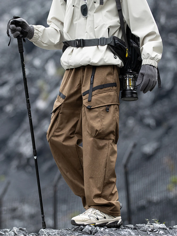 

Winter 2025 Cargo Pants Male Straight Ankle Length Pant Spliced Solid Loose Fit Pockets High Waist Pants Slight Strech Patchwork