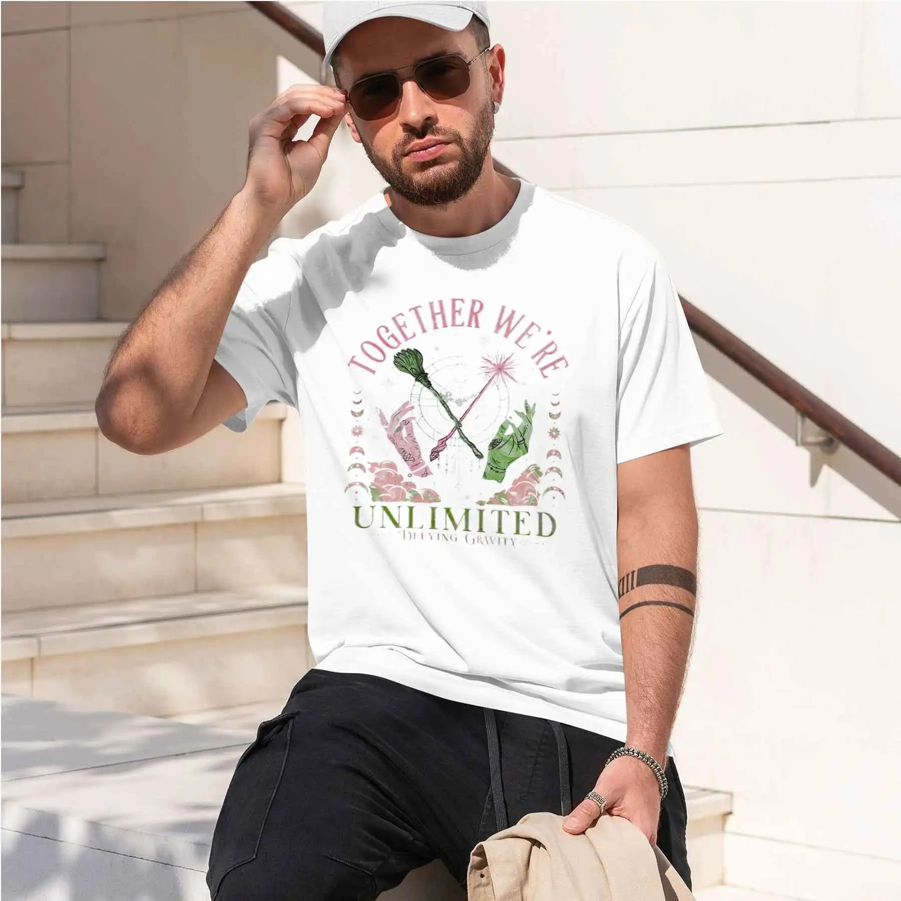 new printed T-shirt Men'sThemed Print T-Shirt Green Witch Hat Broom Pink Wand Crown Mystical Array Top