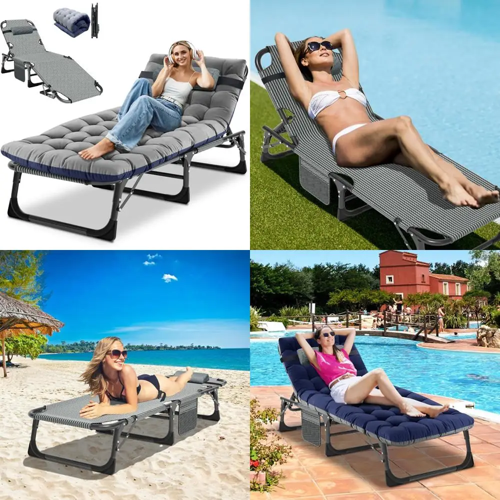 

Adjustable 5-Position Folding Outdoor Chaise Lounge Chair, Heavy Duty, Portable for Beach and Poolside Relaxation, Lay Flat Desi