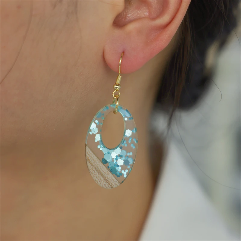 2-piece elegant natural wood resin gold foil hollowed out digital geometric earrings for women, bohemian style, holiday gift
