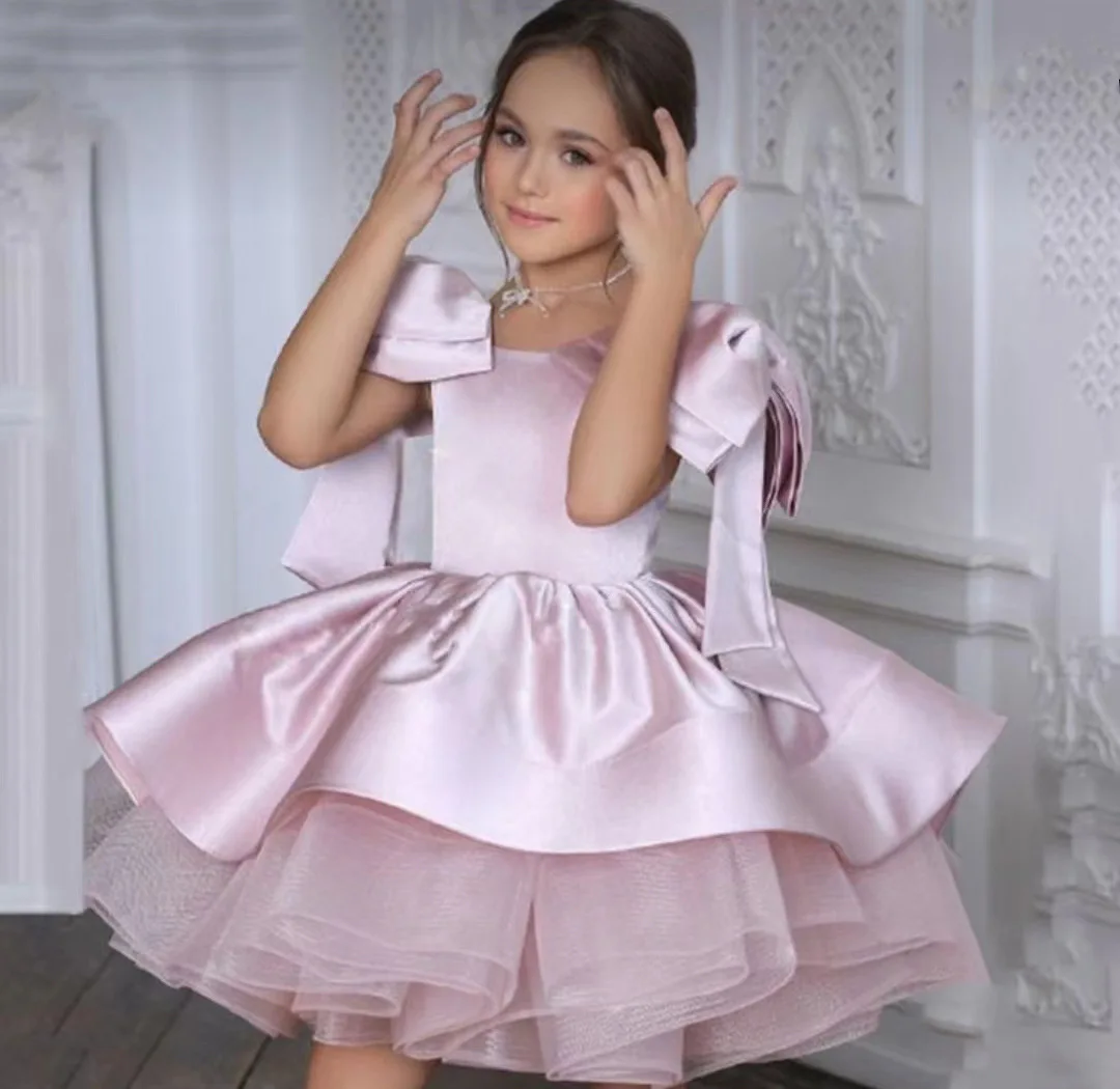 Girls Party Dress Bow Bubble Sleeves Solid Color Fluffy Mesh Princess Birthday Formal Dresses H31201 Girls Party Dress Bow Bubble Sleeves Solid Color Fluffy Mesh Princess Birthday Formal Dresses H31201