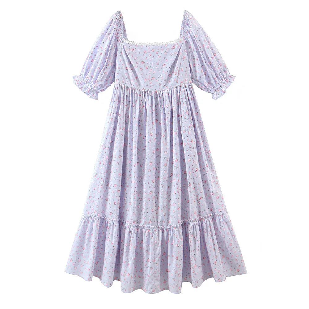 

Princess Purple Floral Print Ball Gown Dress Women Square Collar Puff Sleeve Ruched Hem Swing Midi Dresses Fairy Cake Robe