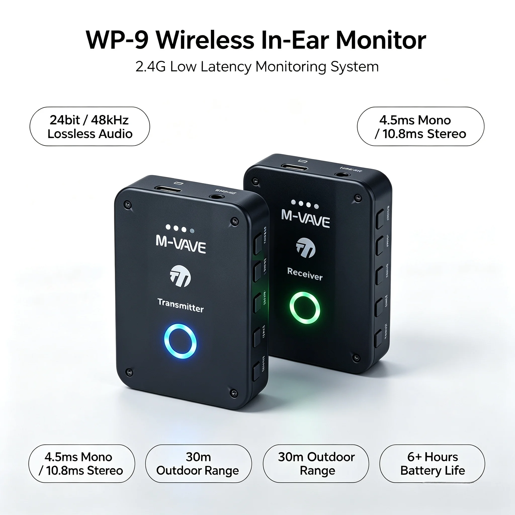 M-VAVE WP-9 Wireless In-Ear Monitor System 2.4GHz 24bit Audio with Volume Adjustment Stereo Mono Mute Function