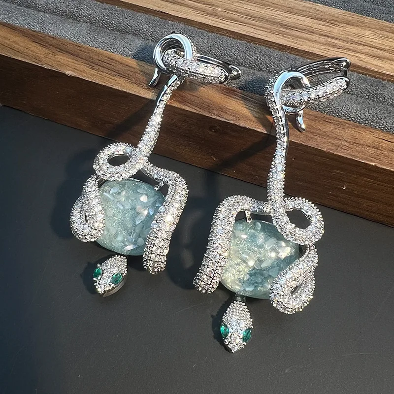 Snake wrapped sapphire zirconium earrings European and American micro-paved zirconium snake earrings