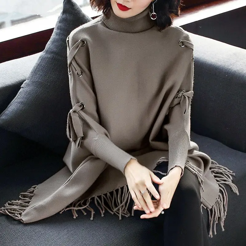 

High collar cloak sweater women wear loose poncho 2023 autumn and winter knitting coat tassel pullover shawl bat sweater female